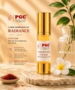 PGC Prism Glow Cosmetics 24K Gold Powerful Skin Brightening Face Wash banner featuring a saffron bowl and plumeria flower on a stone pedestal