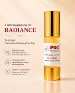 PGC Prism Glow Cosmetics 24K Gold Powerful Skin Brightening Face Wash bottle on a reflective surface detailing key product benefits
