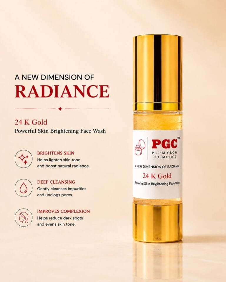 PGC Prism Glow Cosmetics 24K Gold Powerful Skin Brightening Face Wash bottle on a reflective surface detailing key product benefits