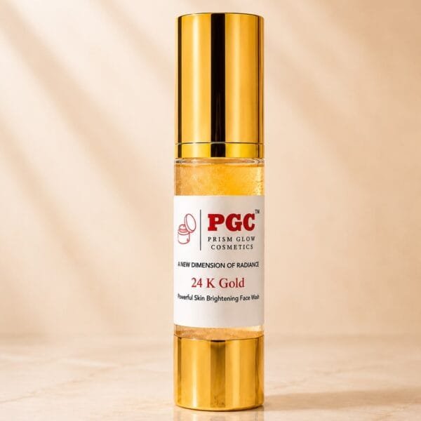 PGC Prism Glow Cosmetics 24K Gold Powerful Skin Brightening Face Wash cylindrical gold pump bottle product shot