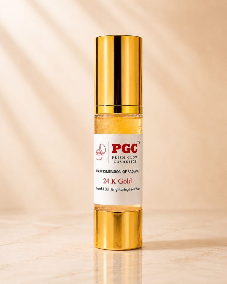 PGC Prism Glow Cosmetics 24K Gold Powerful Skin Brightening Face Wash cylindrical gold pump bottle product shot
