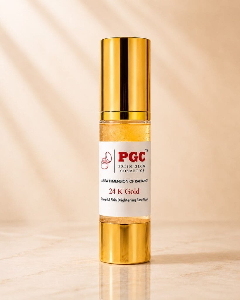 PGC Prism Glow Cosmetics 24K Gold Powerful Skin Brightening Face Wash cylindrical gold pump bottle product shot