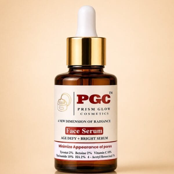 PGC Prism Glow Cosmetics Age Defy and Bright Face Serum amber dropper bottle formulated to minimize appearance of pores