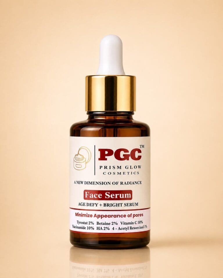 PGC Prism Glow Cosmetics Age Defy and Bright Face Serum amber dropper bottle formulated to minimize appearance of pores