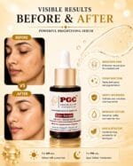 PGC Prism Glow Cosmetics Age Defy and Bright Face Serum before and after skin comparison banner showing visible pore minimizing and skin texture improvement