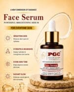 PGC Prism Glow Cosmetics Age Defy and Bright Face Serum on a stone pedestal detailing key benefits like brightens skin, hydrates, evens skin tone, and radiant glow