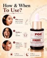 PGC Prism Glow Cosmetics Age Defy and Bright Face Serum step by step application guide detailing drops application, gentle patting, and daytime SPF protection