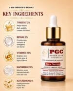 PGC Prism Glow Cosmetics Age Defy and Bright Face Serum key ingredients banner highlighting Tyrostat, Betaine, Vitamin C, Niacinamide, and Acetyl Resorcinol