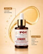 PGC Prism Glow Cosmetics Age Defy and Bright Face Serum texture banner with a golden fluid splash detailing skin types suitability
