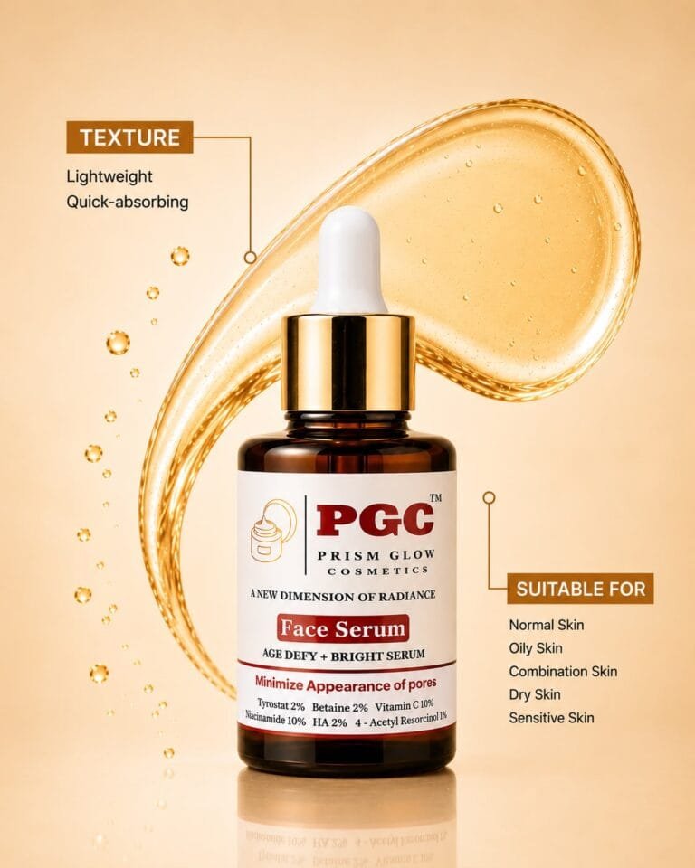PGC Prism Glow Cosmetics Age Defy and Bright Face Serum texture banner with a golden fluid splash detailing skin types suitability
