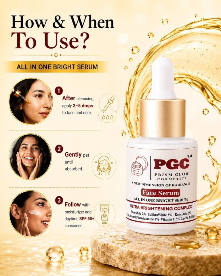 PGC Prism Glow Cosmetics All In One Bright Serum step by step application guide detailing drops application, gentle patting, and daytime SPF protection