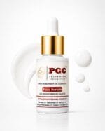 PGC Prism Glow Cosmetics All In One Bright Serum white dropper bottle with cream texture smear and droplets
