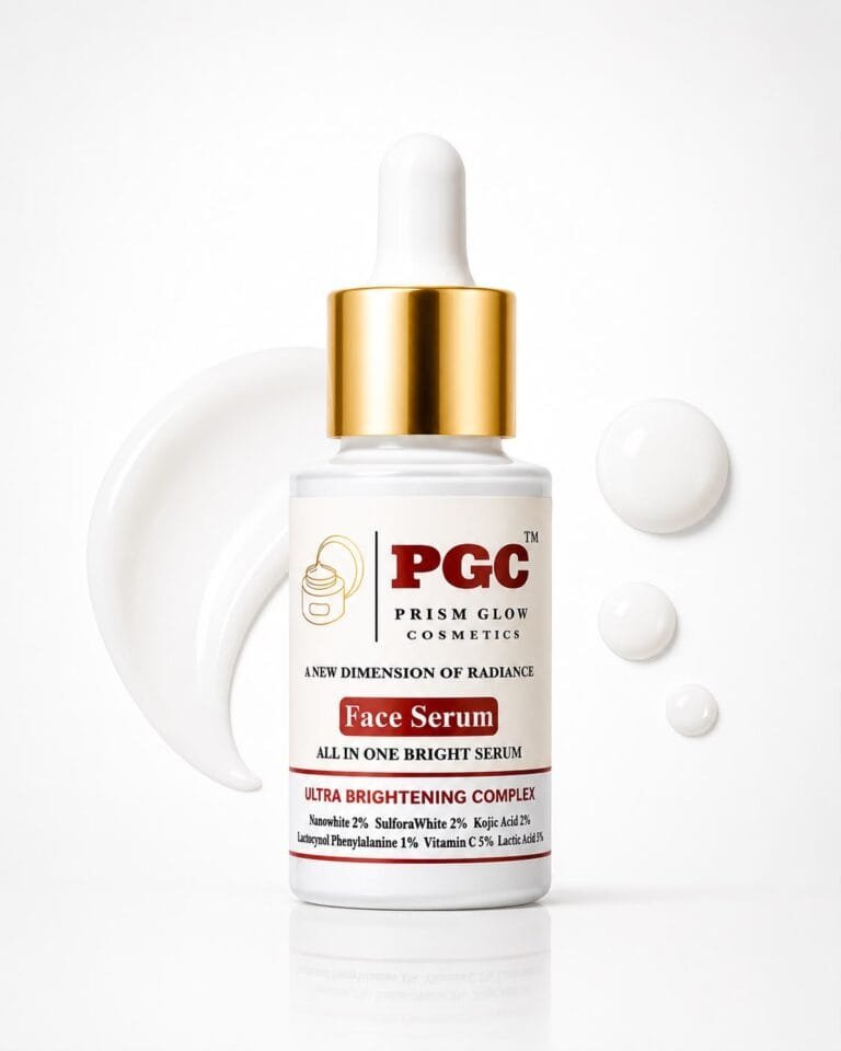 PGC Prism Glow Cosmetics All In One Bright Serum white dropper bottle with cream texture smear and droplets