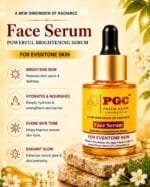 PGC Prism Glow Cosmetics Powerful Brightening Face Serum on a stone pedestal showcasing benefits like brightens skin, hydrates, evens skin tone, and radiant glow