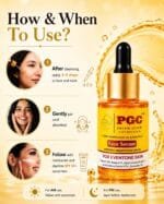 PGC Prism Glow Cosmetics Face Serum step by step application guide detailing how to apply drops, pat until absorbed, and follow with daytime SPF sunscreen