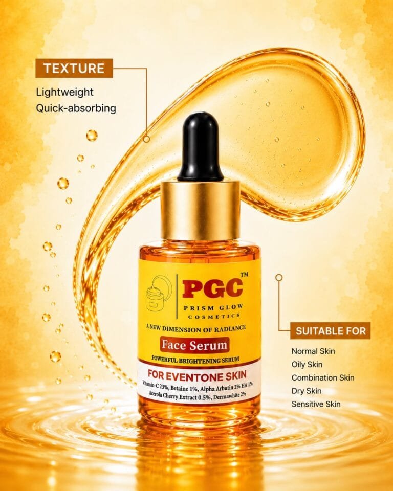 PGC Prism Glow Cosmetics Face Serum banner showcasing its lightweight quick absorbing texture and suitability for all skin types