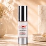 PGC Prism Glow Cosmetics Glutathione bottle with Hyaluronic Acid and Kojic Acid in a silver pump container