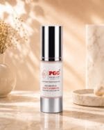 PGC Prism Glow Cosmetics Glutathione bottle with Hyaluronic Acid and Kojic Acid in a silver pump container