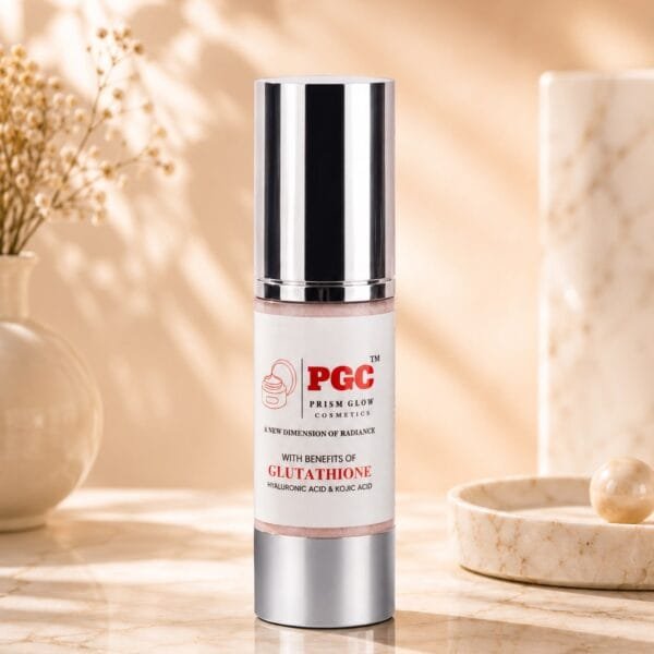 PGC Prism Glow Cosmetics Glutathione bottle with Hyaluronic Acid and Kojic Acid in a silver pump container