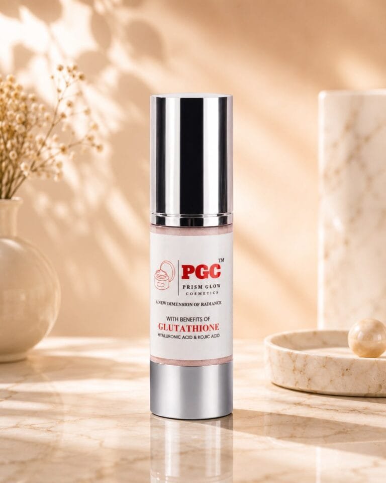PGC Prism Glow Cosmetics Glutathione bottle with Hyaluronic Acid and Kojic Acid in a silver pump container