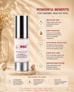 PGC Prism Glow Cosmetics Glutathione formula infographic banner detailing benefits like deep hydration, antioxidant protection, and evens skin tone