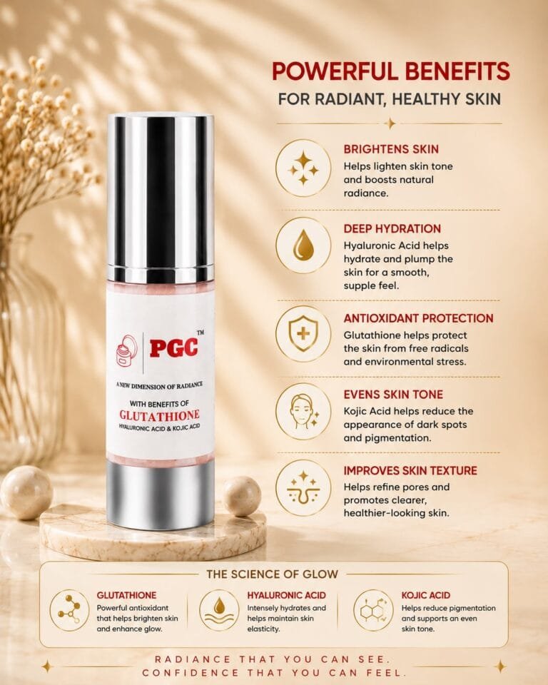 PGC Prism Glow Cosmetics Glutathione formula infographic banner detailing benefits like deep hydration, antioxidant protection, and evens skin tone