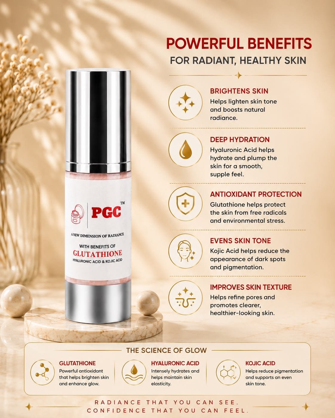 PGC Prism Glow Cosmetics Glutathione formula infographic banner detailing benefits like deep hydration, antioxidant protection, and evens skin tone