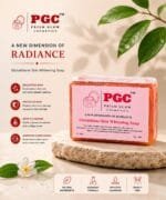PGC Prism Glow Cosmetics Glutathione Skin Whitening Soap infographic banner detailing deep cleansing and skin brightening benefits