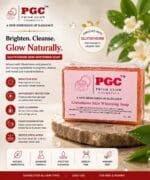 PGC Prism Glow Cosmetics Glutathione Skin Whitening Soap comprehensive benefits banner detailing skin brightening, deep cleansing, and gentle exfoliation features