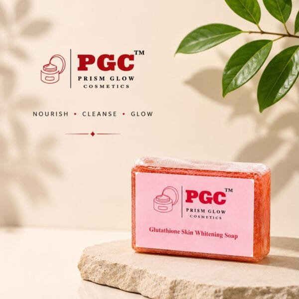 PGC Prism Glow Cosmetics Glutathione Skin Whitening Soap bar on a textured stone pedestal