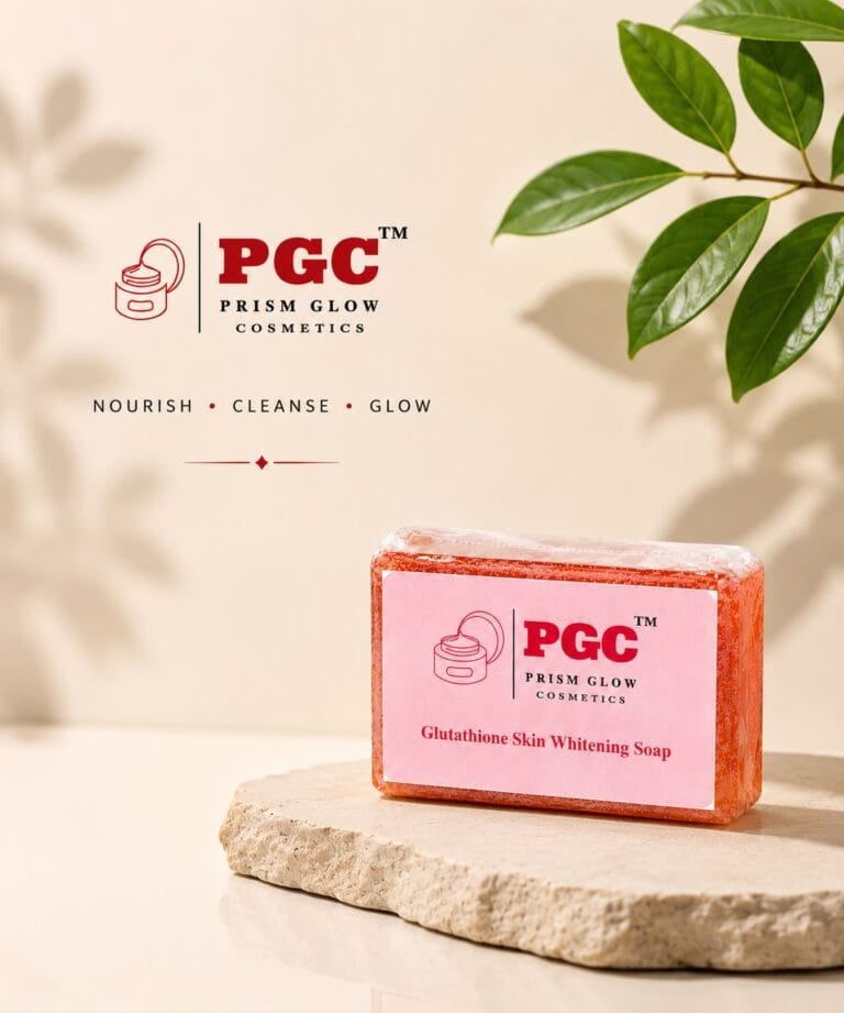 PGC Prism Glow Cosmetics Glutathione Skin Whitening Soap bar on a textured stone pedestal
