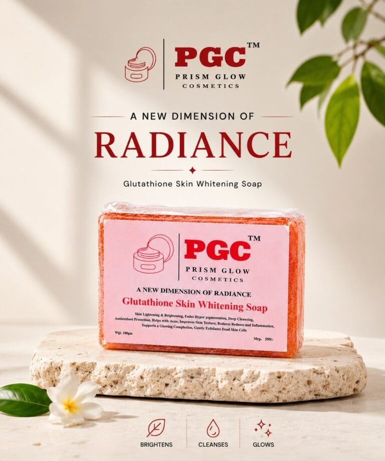 PGC Prism Glow Cosmetics Glutathione Skin Whitening Soap bar on stone pedestal with text detailing skin brightening benefits