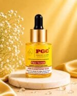 PGC Prism Glow Cosmetics Powerful Brightening Face Serum bottle with Vitamin C and Alpha Arbutin on a marble pedestal