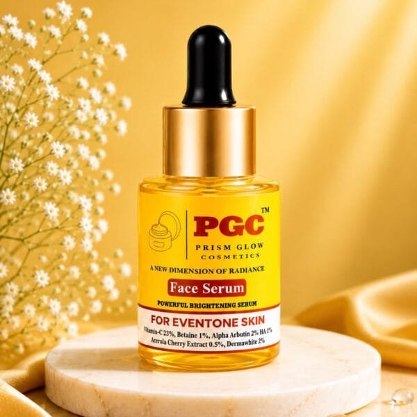 PGC Prism Glow Cosmetics Powerful Brightening Face Serum bottle with Vitamin C and Alpha Arbutin on a marble pedestal