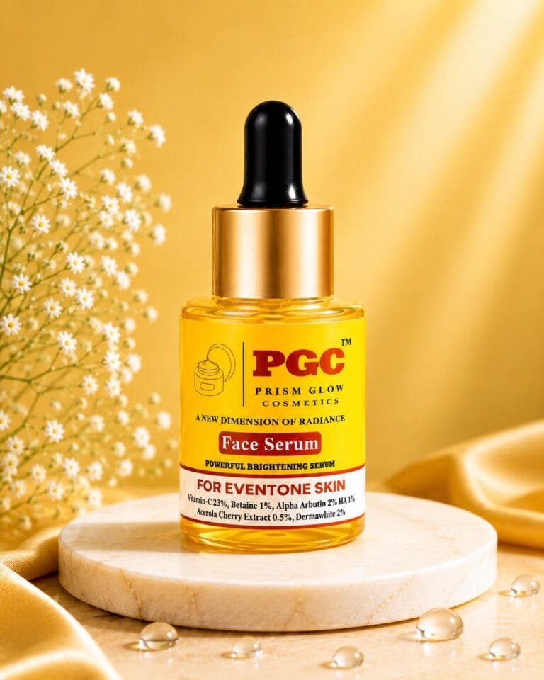 PGC Prism Glow Cosmetics Powerful Brightening Face Serum bottle with Vitamin C and Alpha Arbutin on a marble pedestal