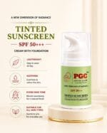 PGC Prism Glow Cosmetics SPF 50 Tinted Sunscreen Cream with Foundation benefits banner displaying lightweight and soothing features
