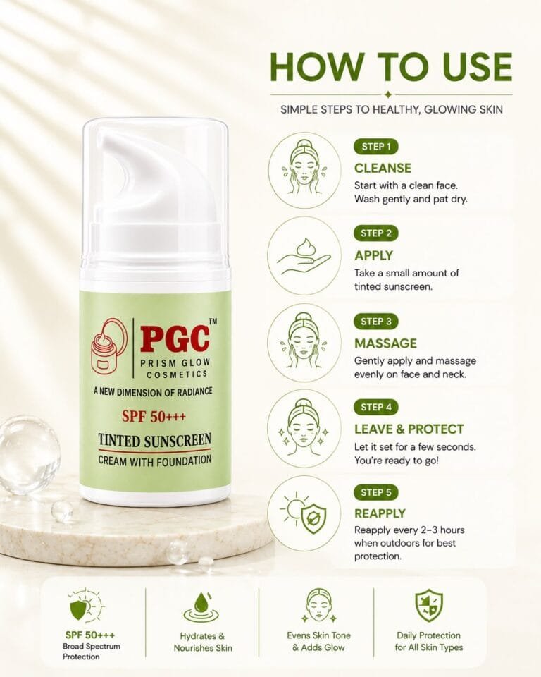 PGC Prism Glow Cosmetics SPF 50 Tinted Sunscreen Cream with Foundation how to use infographic banner detailing application steps