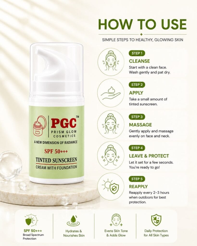 PGC Prism Glow Cosmetics SPF 50 Tinted Sunscreen Cream with Foundation how to use infographic banner detailing application steps