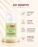 PGC Prism Glow Cosmetics SPF 50 Tinted Sunscreen Cream with Foundation key benefits infographic banner detailing lightweight, soothing, and evens skin tone features