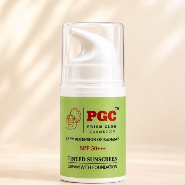 PGC Prism Glow Cosmetics SPF 50 Tinted Sunscreen Cream with Foundation airless pump bottle product shot