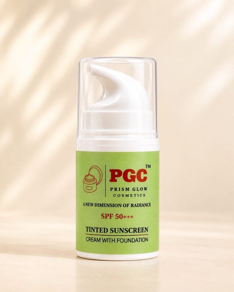 PGC Prism Glow Cosmetics SPF 50 Tinted Sunscreen Cream with Foundation airless pump bottle product shot