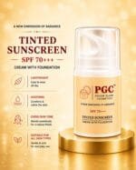 PGC Prism Glow Cosmetics SPF 70 Tinted Sunscreen Cream with Foundation key benefits banner featuring a lightweight and soothing formula