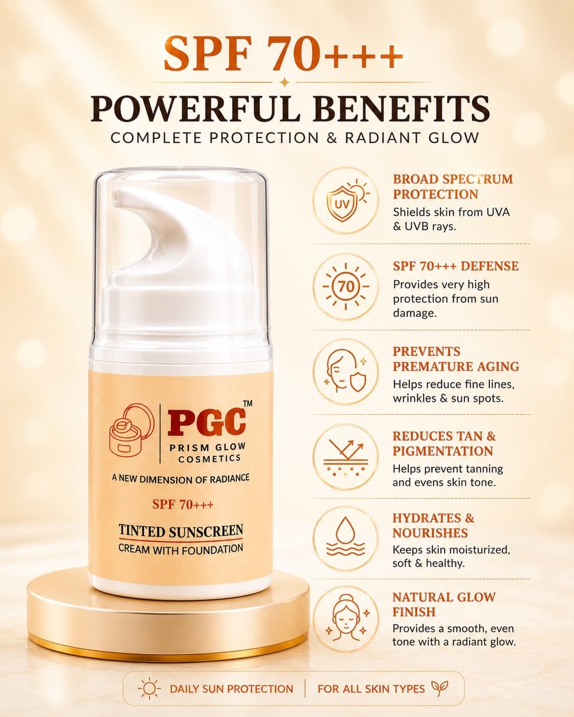 PGC Prism Glow Cosmetics SPF 70 Tinted Sunscreen Cream with Foundation powerful benefits infographic banner detailing broad spectrum defense and natural glow finish