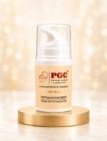 PGC Prism Glow Cosmetics SPF 70 Tinted Sunscreen Cream with Foundation airless pump bottle on gold pedestal