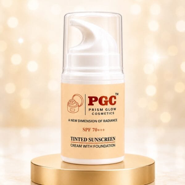 PGC Prism Glow Cosmetics SPF 70 Tinted Sunscreen Cream with Foundation airless pump bottle on gold pedestal