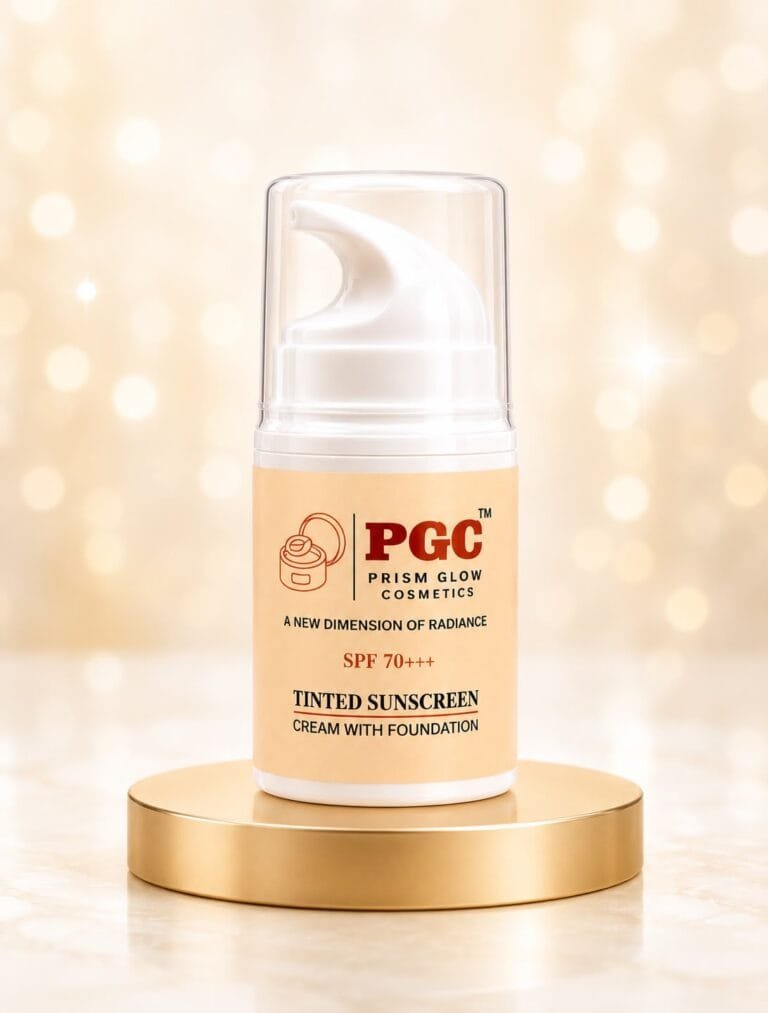 PGC Prism Glow Cosmetics SPF 70 Tinted Sunscreen Cream with Foundation airless pump bottle on gold pedestal