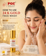 Step 1 of how to use Prism Glow 24 K Gold Face Wash, showing a woman splashing water on her face to remove dirt and open pores for a deep cleanse.