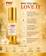 Infographic detailing why you will love Prism Glow 24 K Gold Face Wash, highlighting its ability to brighten skin, cleanse deeply, boost your glow, and nourish, making it perfect for dull skin and makeup buildup.