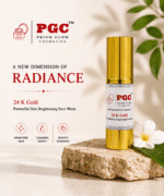 Prism Glow Cosmetics 24 K Gold Powerful Skin Brightening Face Wash bottle resting on a natural stone slab, designed to brighten skin, cleanse deeply, and boost radiance.