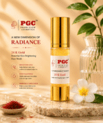Infographic detailing the benefits of Prism Glow 24 K Gold Skin Brightening Face Wash, highlighting skin brightening, deep cleansing, and complexion improvement, displayed with saffron and a frangipani flower.